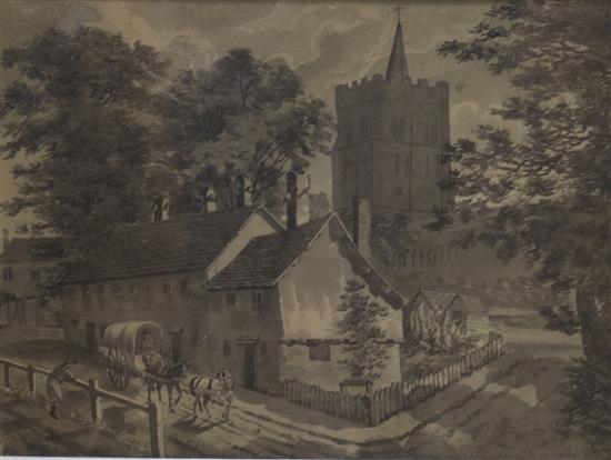 19th century, monochrome watercolour, St Albans Abbey, 21 x 28cm